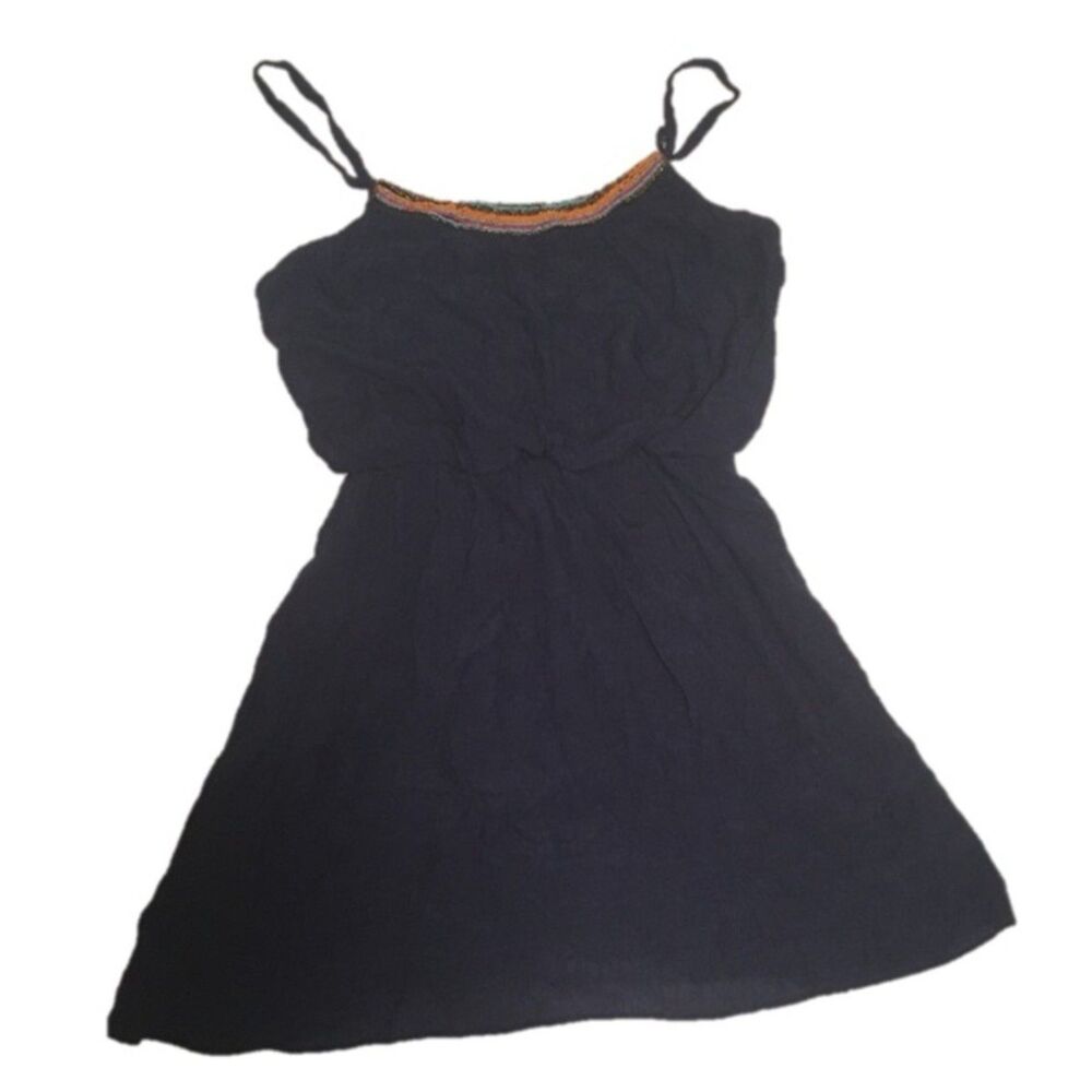 IZ Byer dress Womens Large navy blue sundress rainbow beading neck Beachy Resort